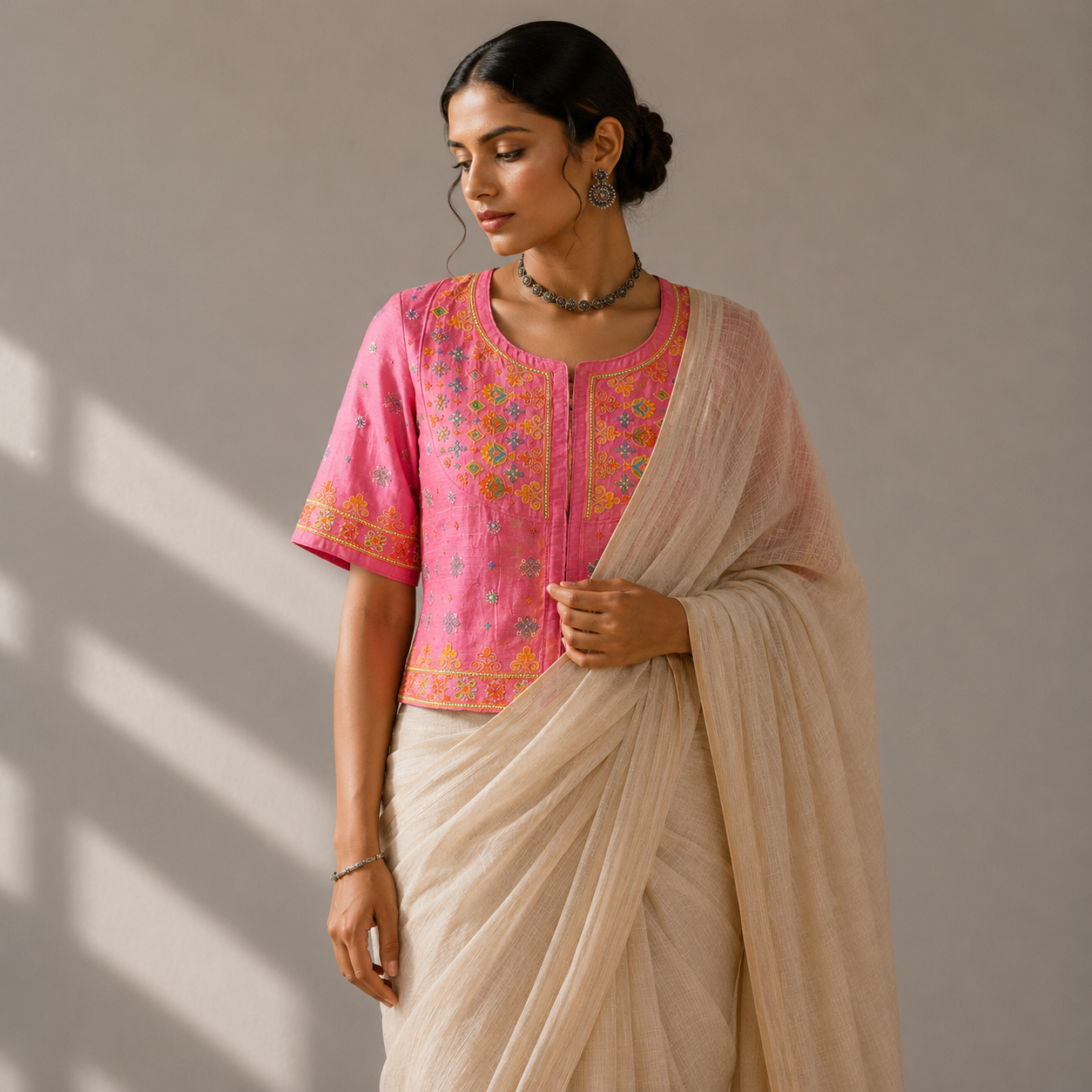 Light Pink Ahir Hand Embroidered Kanchli
