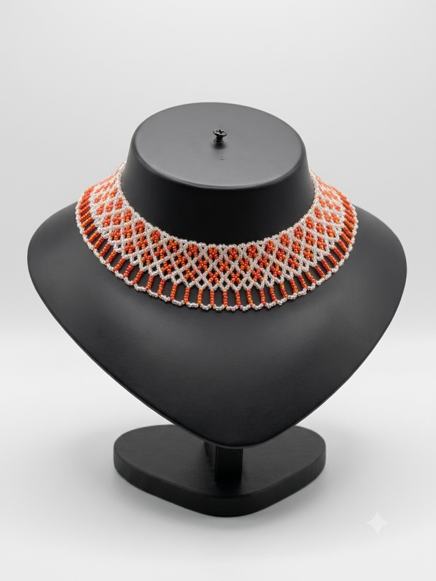 Handmade Orange & White Colored Beaded Necklace