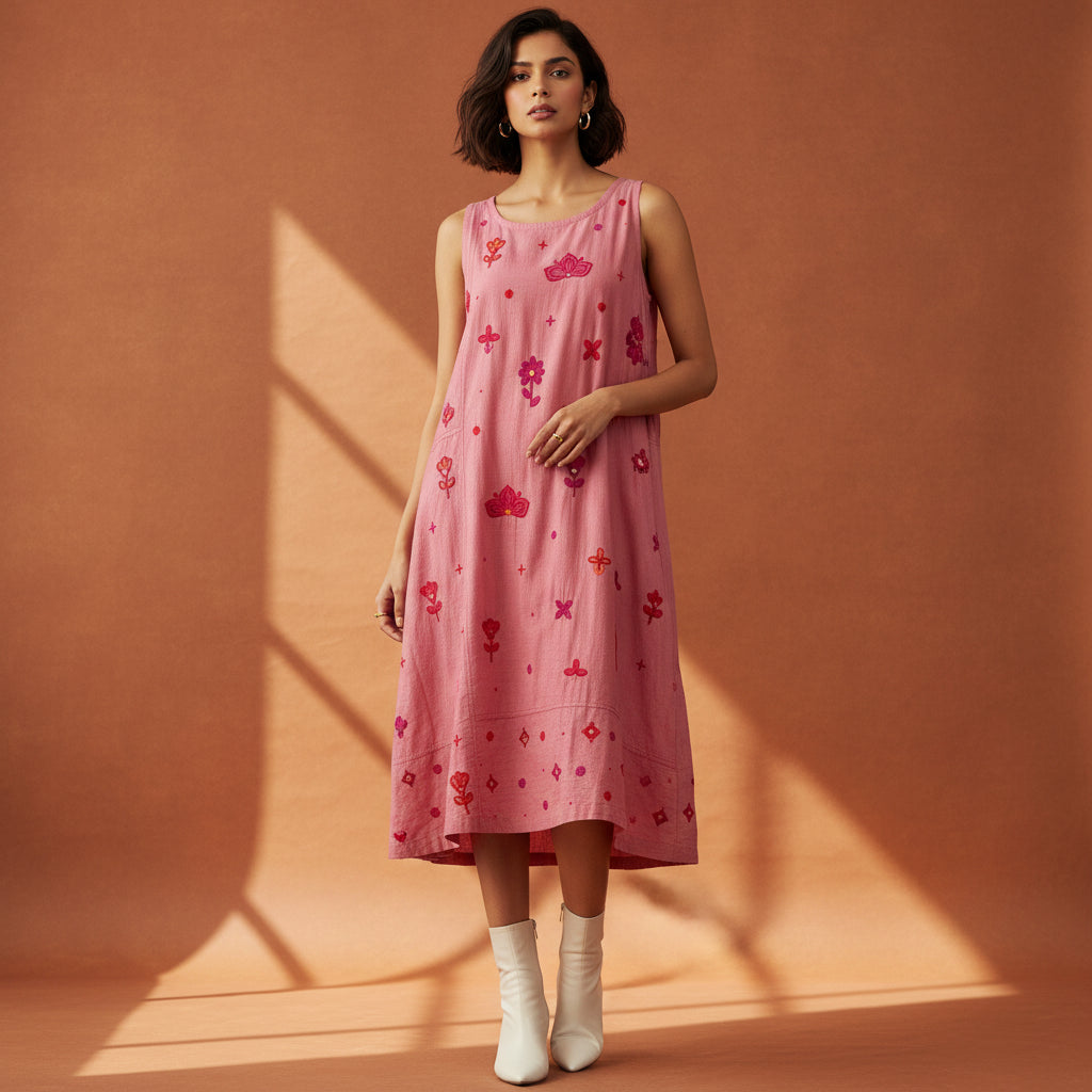 Pink dress with floral patterns on a mannequin against a plain background