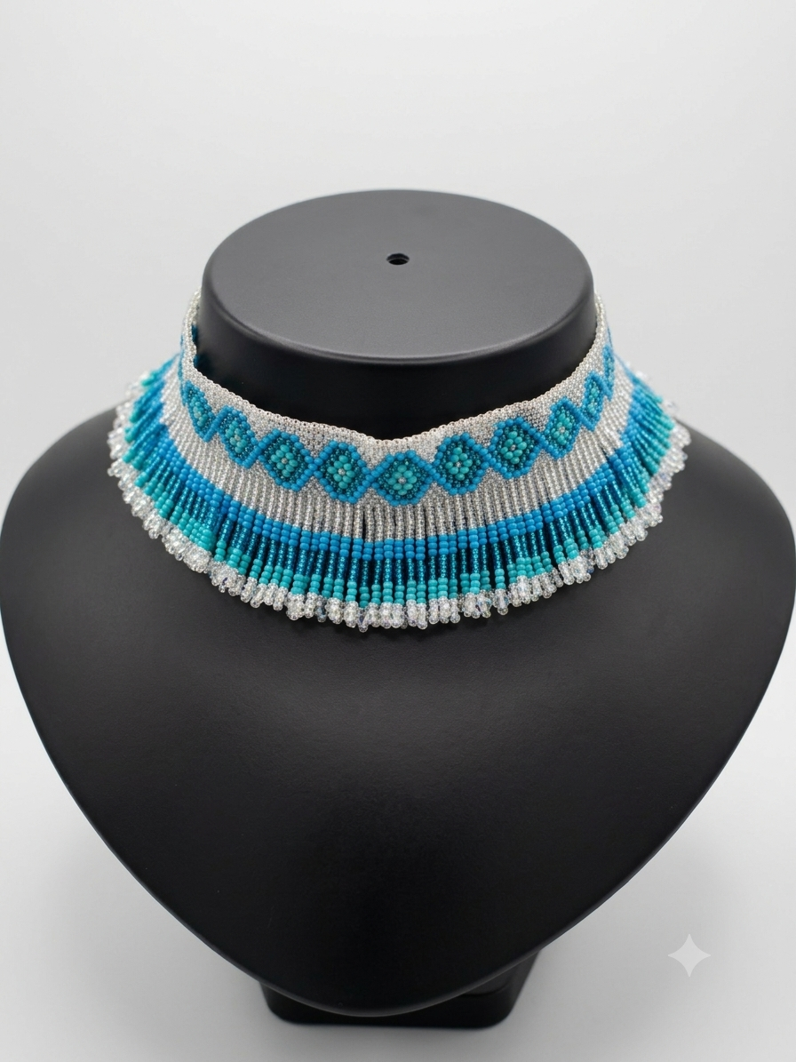 Handmade Blue & White Colored Beaded Necklace