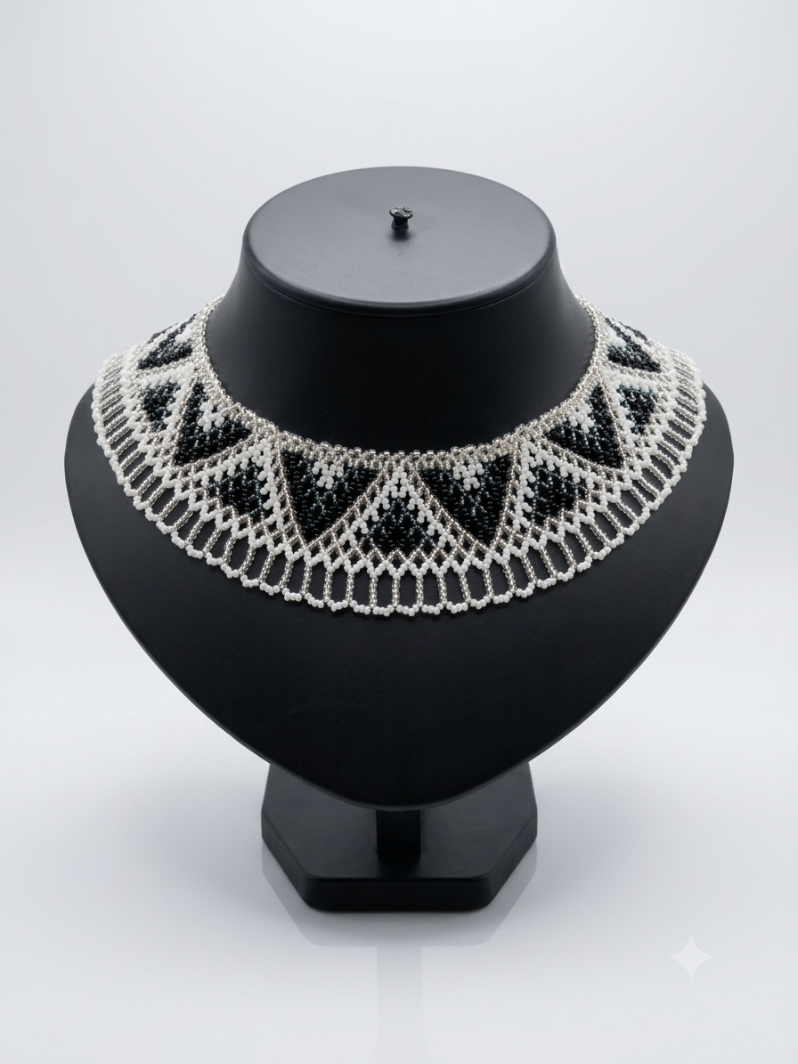 Handmade Black & White Colored Beaded Necklace