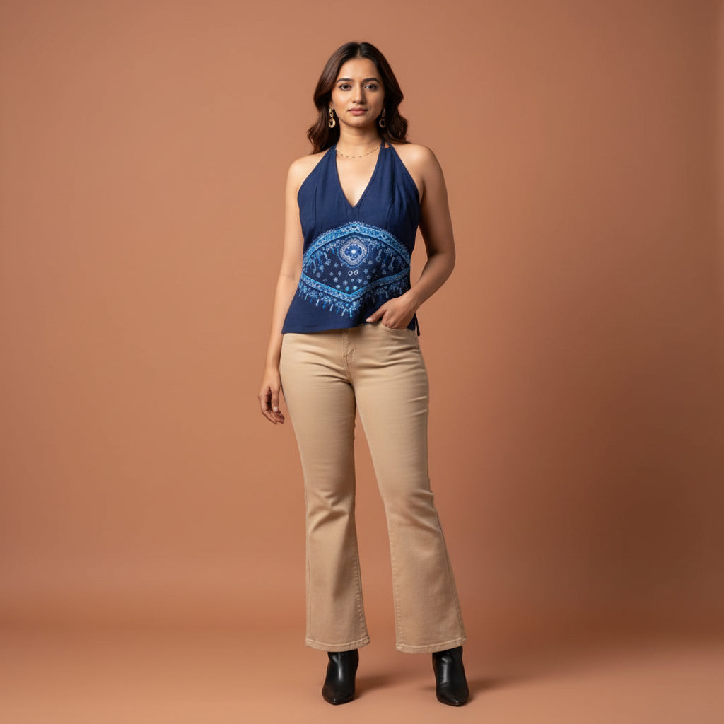 A woman posing in a historic building, wearing a nevy blue hand embroidered top with geometric patterns, paired with black trousers.