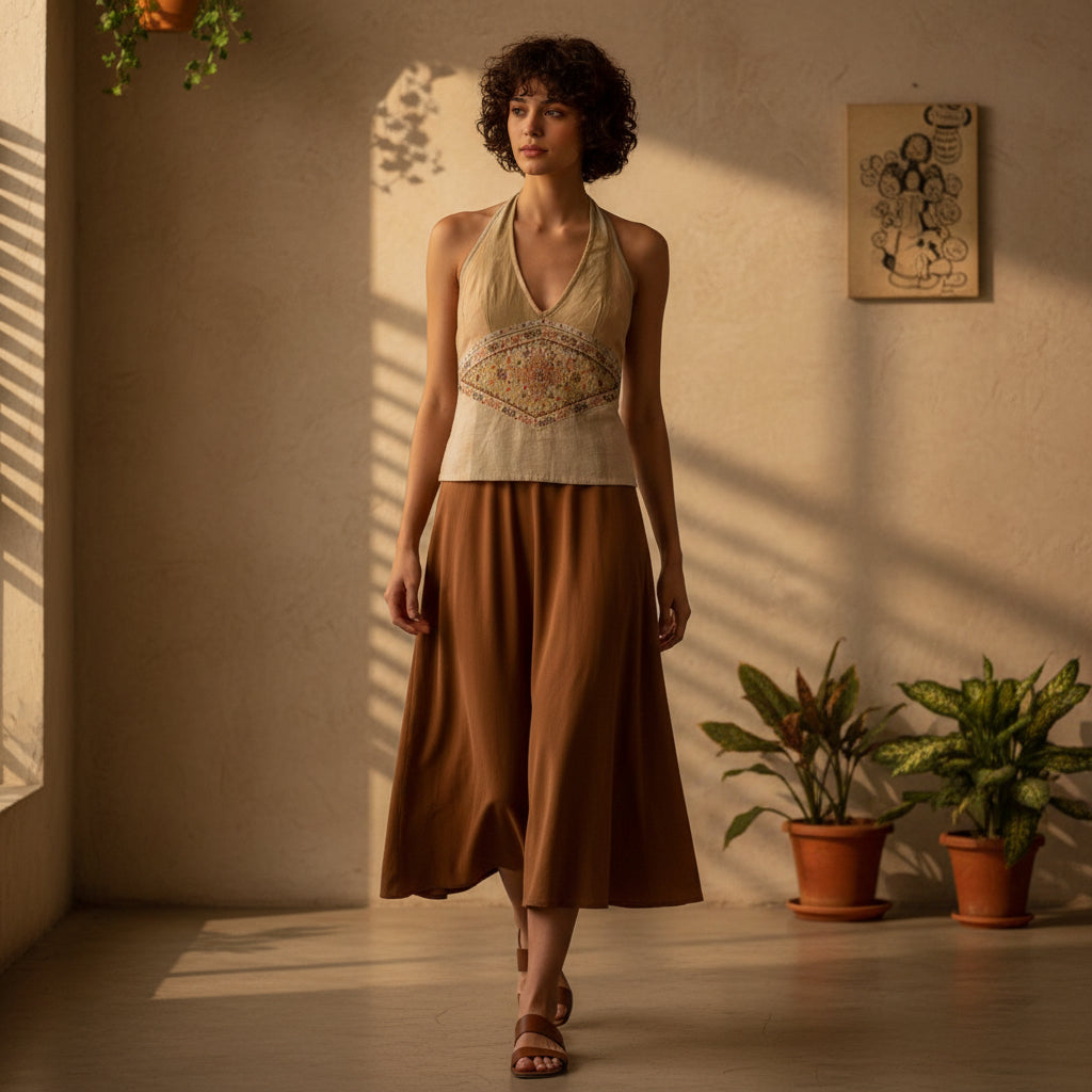 A beige halter top with a V-neckline, featuring a central embroidered panel with a geometric and floral pattern in muted tones of brown, green, and orange, laid flat on a textured beige background.